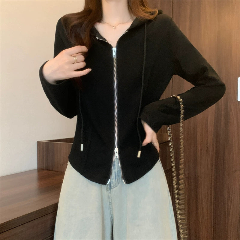 Women's Hooded Small Cardigan Outwear Long Sleeved Fitted T-shirt
