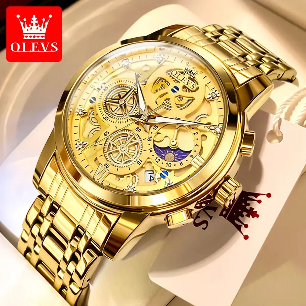 OLEVS Men's Watches Top Brand Luxury Original Waterproof Quartz Watch for Man Gold Skeleton Style 24 Hour Day Night New Couture Cozy