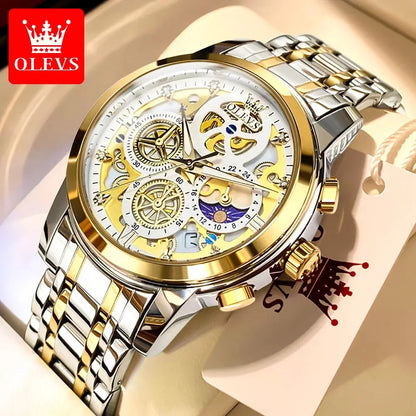 OLEVS Men's Watches Top Brand Luxury Original Waterproof Quartz Watch for Man Gold Skeleton Style 24 Hour Day Night New Couture Cozy