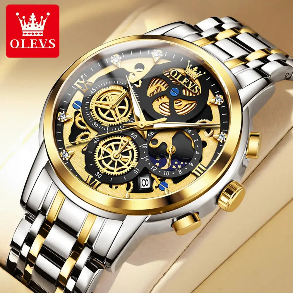 OLEVS Men's Watches Top Brand Luxury Original Waterproof Quartz Watch for Man Gold Skeleton Style 24 Hour Day Night New Couture Cozy