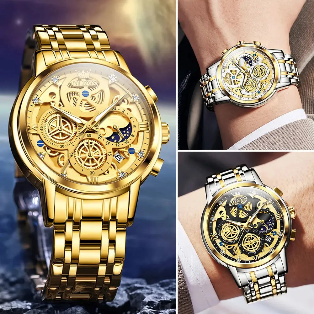 OLEVS Men's Watches Top Brand Luxury Original Waterproof Quartz Watch for Man Gold Skeleton Style 24 Hour Day Night New Couture Cozy