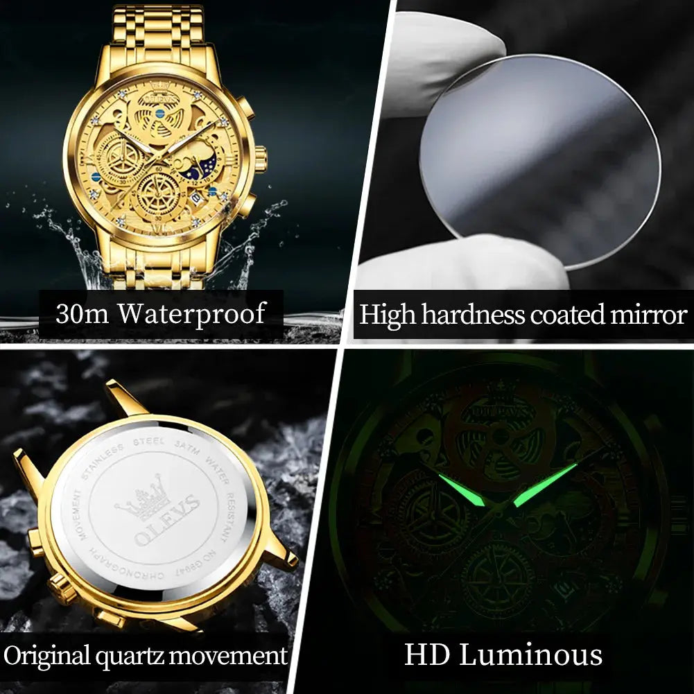 OLEVS Men's Watches Top Brand Luxury Original Waterproof Quartz Watch for Man Gold Skeleton Style 24 Hour Day Night New Couture Cozy