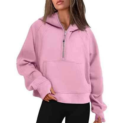 Oversized Scuba Half-Zip Hoodie Waist Length Jackets Sweatshirts Soft Thumbholes Leisure Yoga Coat for Winter Couture Cozy