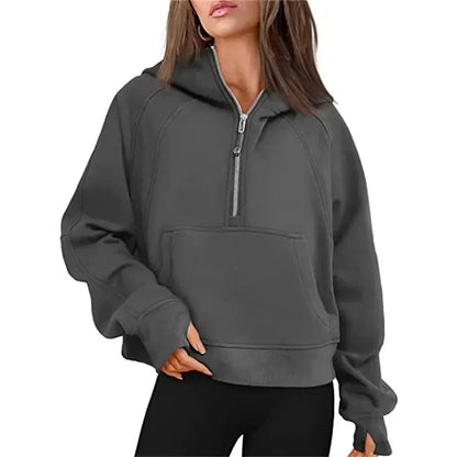 Oversized Scuba Half-Zip Hoodie Waist Length Jackets Sweatshirts Soft Thumbholes Leisure Yoga Coat for Winter Couture Cozy