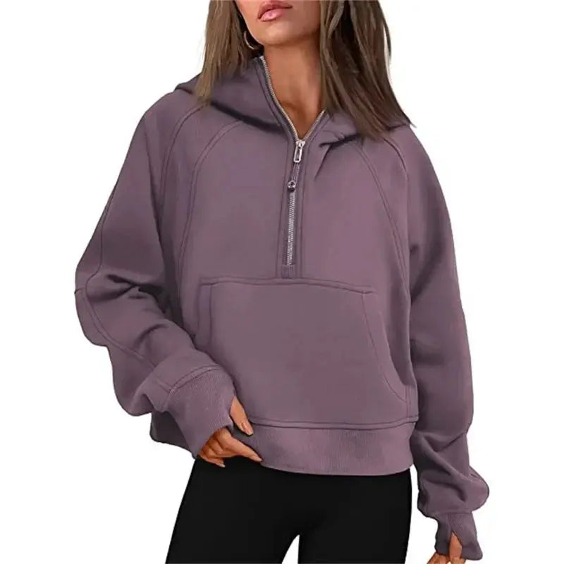 Oversized Scuba Half-Zip Hoodie Waist Length Jackets Sweatshirts Soft Thumbholes Leisure Yoga Coat for Winter Couture Cozy