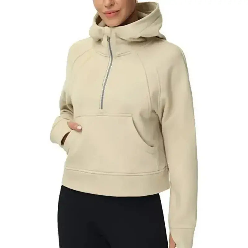 Oversized Scuba Half-Zip Hoodie Waist Length Jackets Sweatshirts Soft Thumbholes Leisure Yoga Coat for Winter Couture Cozy