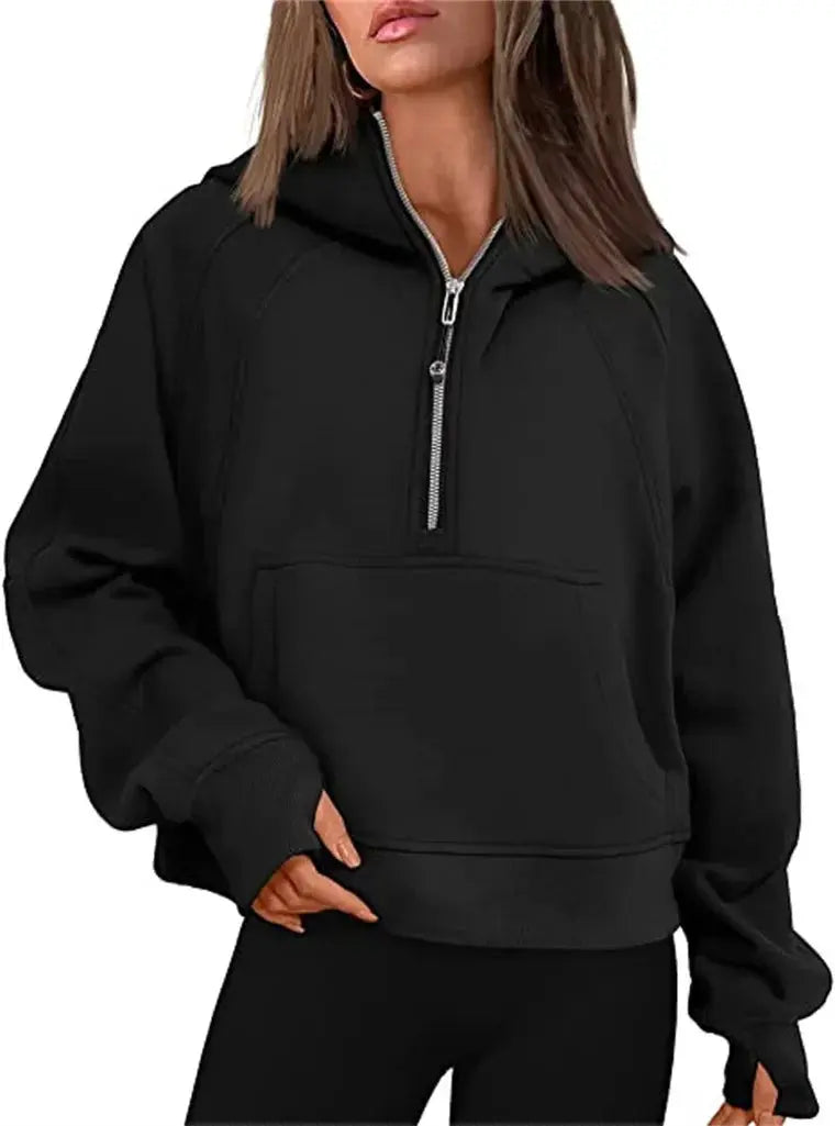 Oversized Scuba Half-Zip Hoodie Waist Length Jackets Sweatshirts Soft Thumbholes Leisure Yoga Coat for Winter Couture Cozy