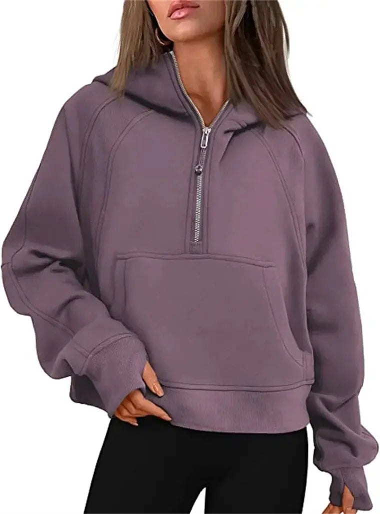 Oversized Scuba Half-Zip Hoodie Waist Length Jackets Sweatshirts Soft Thumbholes Leisure Yoga Coat for Winter Couture Cozy