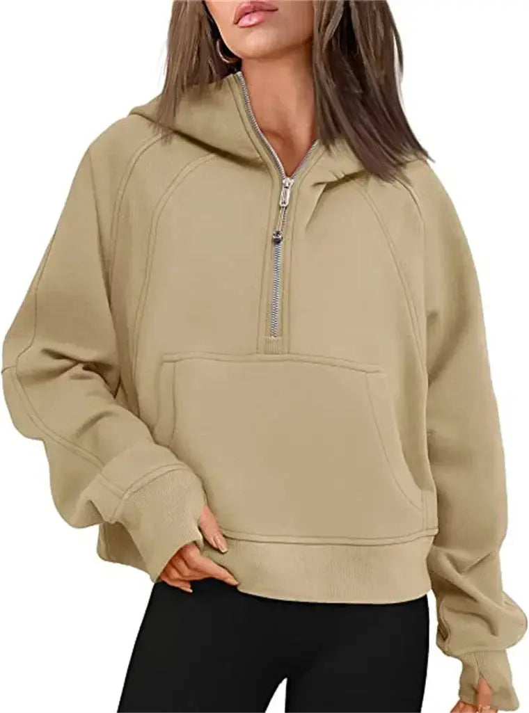 Oversized Scuba Half-Zip Hoodie Waist Length Jackets Sweatshirts Soft Thumbholes Leisure Yoga Coat for Winter Couture Cozy