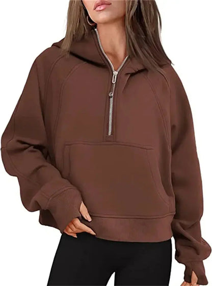 Oversized Scuba Half-Zip Hoodie Waist Length Jackets Sweatshirts Soft Thumbholes Leisure Yoga Coat for Winter Couture Cozy