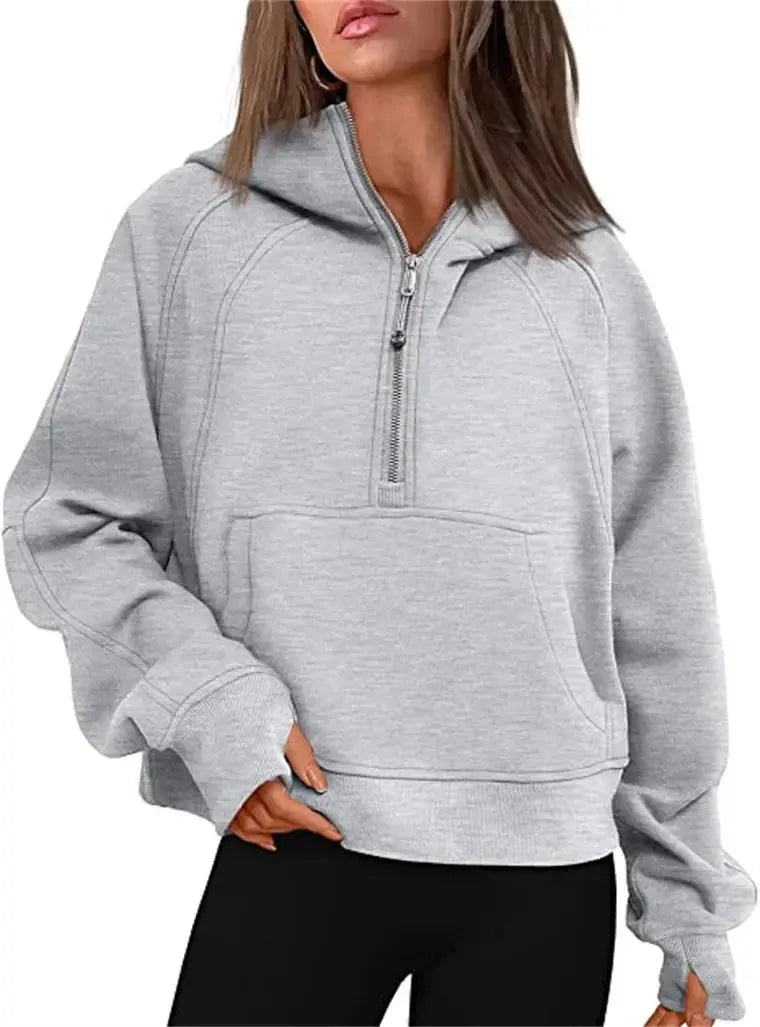 Oversized Scuba Half-Zip Hoodie Waist Length Jackets Sweatshirts Soft Thumbholes Leisure Yoga Coat for Winter Couture Cozy