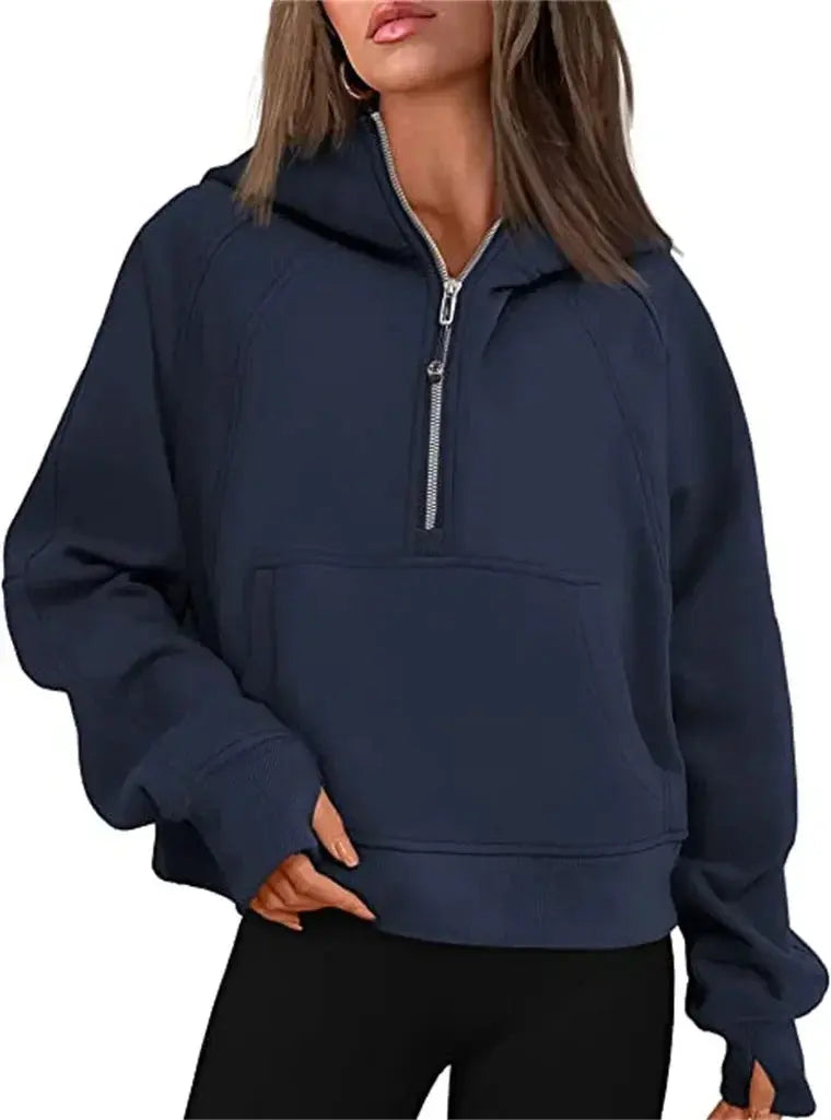 Oversized Scuba Half-Zip Hoodie Waist Length Jackets Sweatshirts Soft Thumbholes Leisure Yoga Coat for Winter Couture Cozy