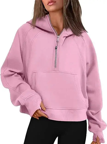 Oversized Scuba Half-Zip Hoodie Waist Length Jackets Sweatshirts Soft Thumbholes Leisure Yoga Coat for Winter Couture Cozy