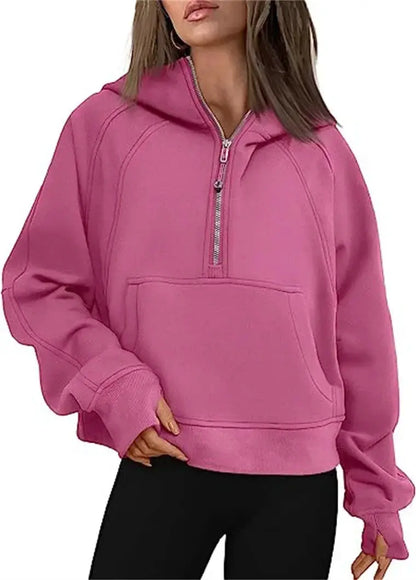 Oversized Scuba Half-Zip Hoodie Waist Length Jackets Sweatshirts Soft Thumbholes Leisure Yoga Coat for Winter Couture Cozy