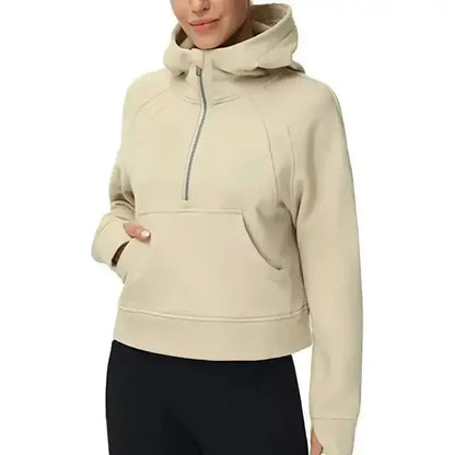 Oversized Scuba Half-Zip Hoodie Waist Length Jackets Sweatshirts Soft Thumbholes Leisure Yoga Coat for Winter Couture Cozy