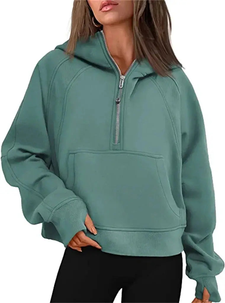 Oversized Scuba Half-Zip Hoodie Waist Length Jackets Sweatshirts Soft Thumbholes Leisure Yoga Coat for Winter Couture Cozy