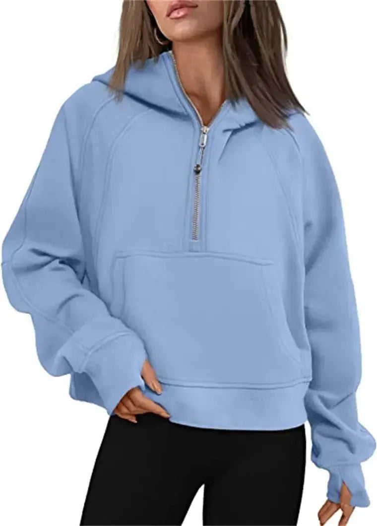 Oversized Scuba Half-Zip Hoodie Waist Length Jackets Sweatshirts Soft Thumbholes Leisure Yoga Coat for Winter Couture Cozy