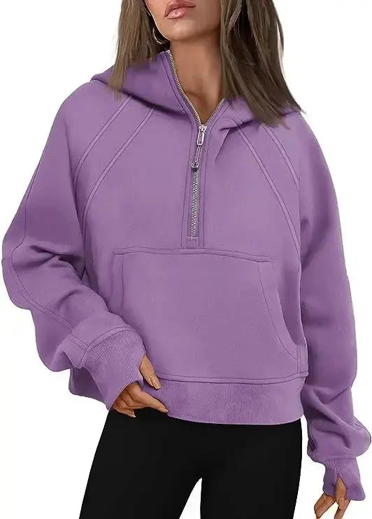 Oversized Scuba Half-Zip Hoodie Waist Length Jackets Sweatshirts Soft Thumbholes Leisure Yoga Coat for Winter Couture Cozy