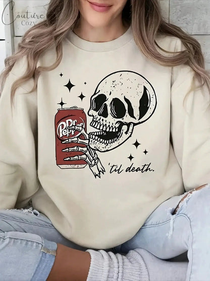 Plus Size Women's Round Neck Long Sleeved Loose Fitting Pullover for Halloween Ghost and Eerie Style Fashionable Casual Pullover Couture Cozy