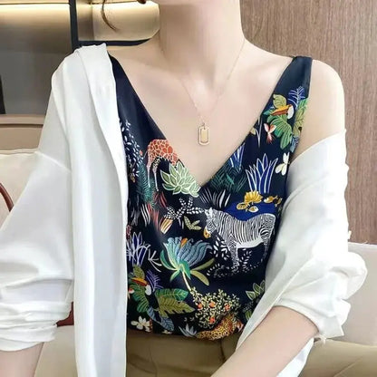 Ladies Print Faux Silk Suspenders Solid Satin Vest Spring Autumn Wild Pullover Tops Women Interior Front/Rear V-Neck Summer Thin Couture Cozy