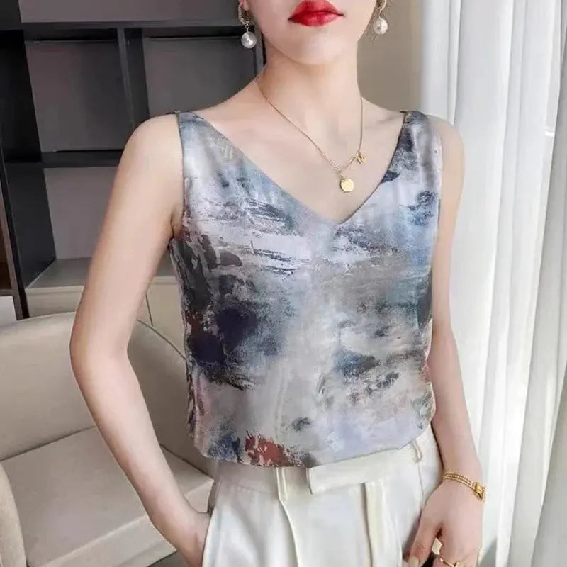 Ladies Print Faux Silk Suspenders Solid Satin Vest Spring Autumn Wild Pullover Tops Women Interior Front/Rear V-Neck Summer Thin Couture Cozy