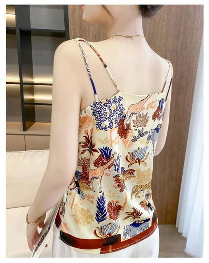 Ladies Print Faux Silk Suspenders Solid Satin Vest Spring Autumn Wild Pullover Tops Women Interior Front/Rear V-Neck Summer Thin Couture Cozy