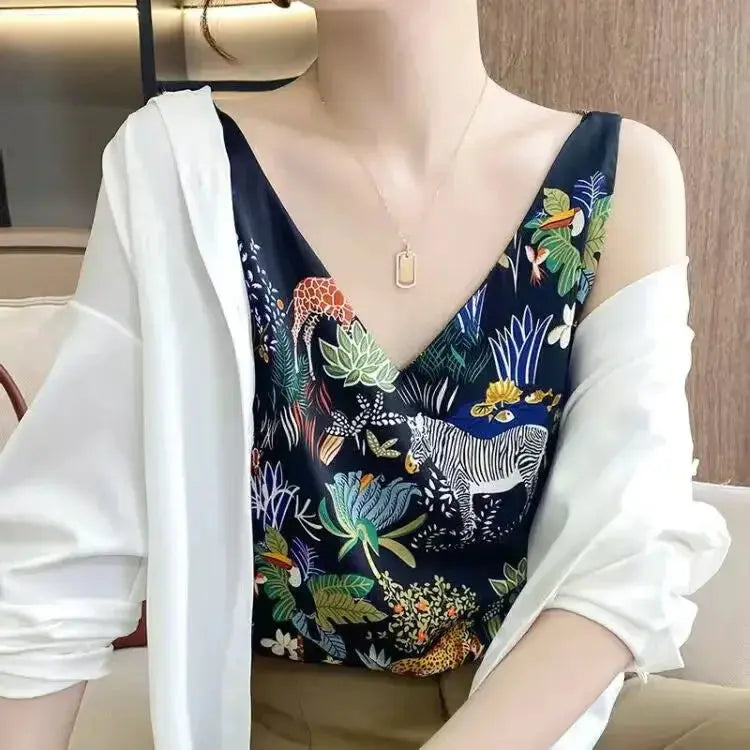 Ladies Print Faux Silk Suspenders Solid Satin Vest Spring Autumn Wild Pullover Tops Women Interior Front/Rear V-Neck Summer Thin - Couture Cozy