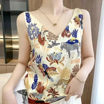 Ladies Print Faux Silk Suspenders Solid Satin Vest Spring Autumn Wild Pullover Tops Women Interior Front/Rear V-Neck Summer Thin - Couture Cozy