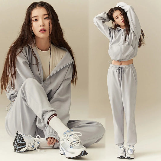 Kpop IU Winter Slim Two Piece Sets Women Tracksuit Autumn Trouser Suits Female Sweatshirt Solid Zipper Sports Hoodie Sportswear Couture Cozy