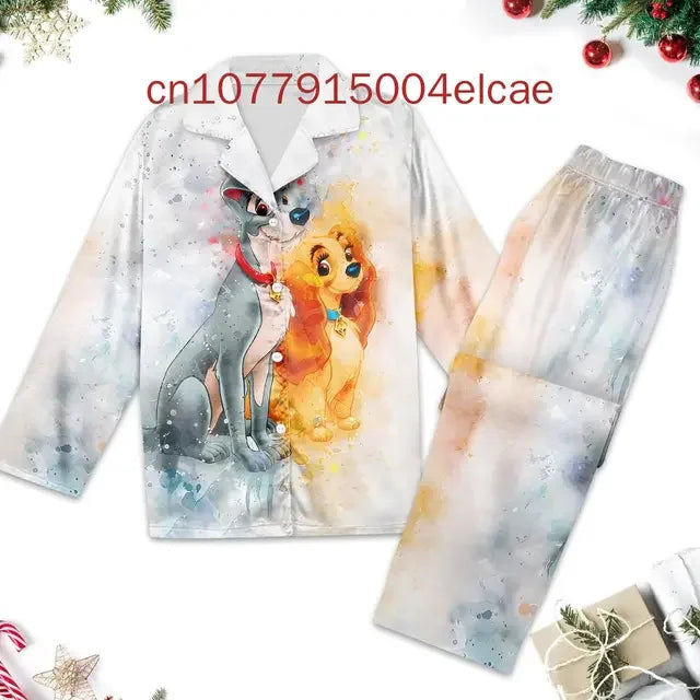 2024 New Disney Lady and the Tramp Pajama3D Printed Casual Men's and Women's Long Sleeve Shirt Pajama Set Couture Cozy