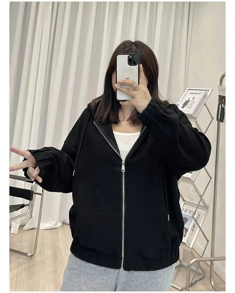 2022 Autumn New Fashion Temperament Korean Plus Size Hoodies Women Loose Casual Waffle Sweatshirt Jacket Solid Elegant Cardigan Couture Cozy