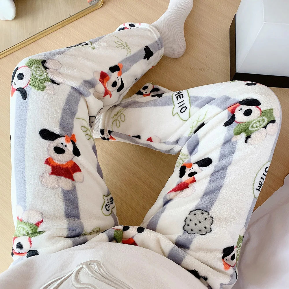 2023 Anime Sanrio Hello Kitty Pajamas Black Flannel Women Kawaii Woolen White Cartoon Casual Home Pants Autumn Fashion Trousers Couture Cozy