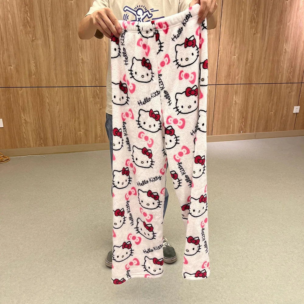 2023 Anime Sanrio Hello Kitty Pajamas Black Flannel Women Kawaii Woolen White Cartoon Casual Home Pants Autumn Fashion Trousers Couture Cozy