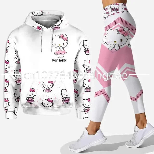 2024 New Hello Kitty 3D Hoodie Women's Hoodie Leggings Suit Stitch Yoga Pants Sweatpants Fashion Sports Suit Disney Yoga Suit Couture Cozy