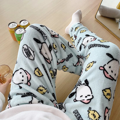 2023 Anime Sanrio Hello Kitty Pajamas Black Flannel Women Kawaii Woolen White Cartoon Casual Home Pants Autumn Fashion Trousers Couture Cozy