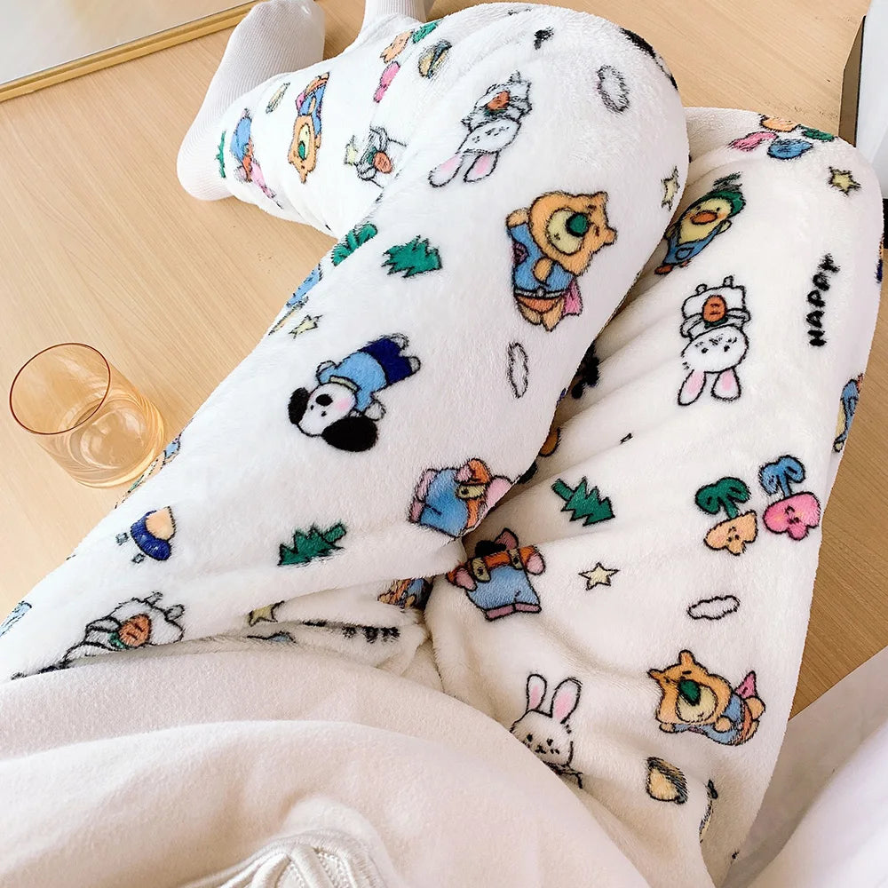 2023 Anime Sanrio Hello Kitty Pajamas Black Flannel Women Kawaii Woolen White Cartoon Casual Home Pants Autumn Fashion Trousers Couture Cozy