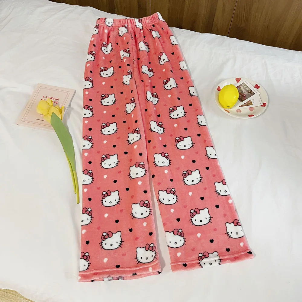 2023 Anime Sanrio Hello Kitty Pajamas Black Flannel Women Kawaii Woolen White Cartoon Casual Home Pants Autumn Fashion Trousers Couture Cozy