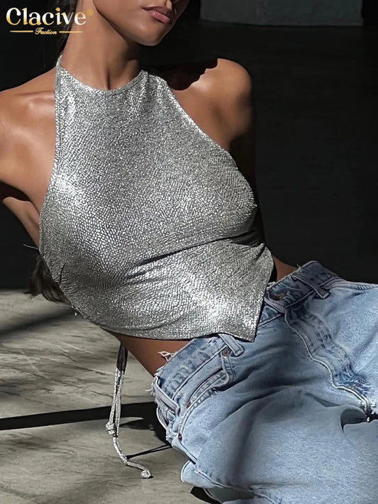 Clacive Sexy Slim Silver Crop Top Women Bodycon Sleeveless Backless Lace-Up Tank Top Lady Elegant Party Tops Female Clothes 2022