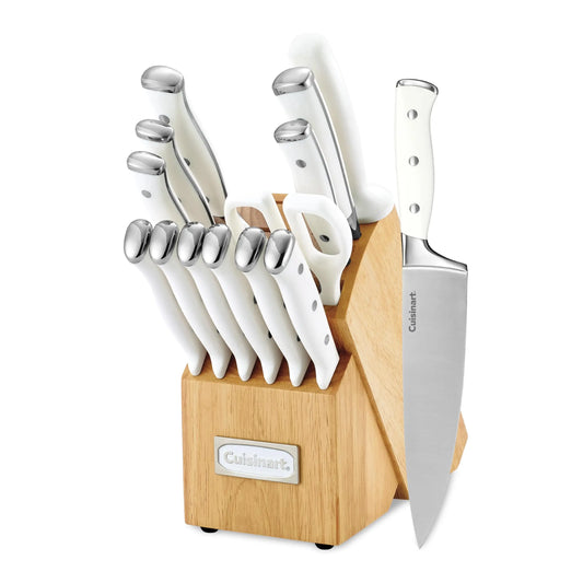 Cuisinart 15-Piece Knife Set with Block, High Carbon Stainless Steel, Forged Triple Rivet, White, C77WTR-15P