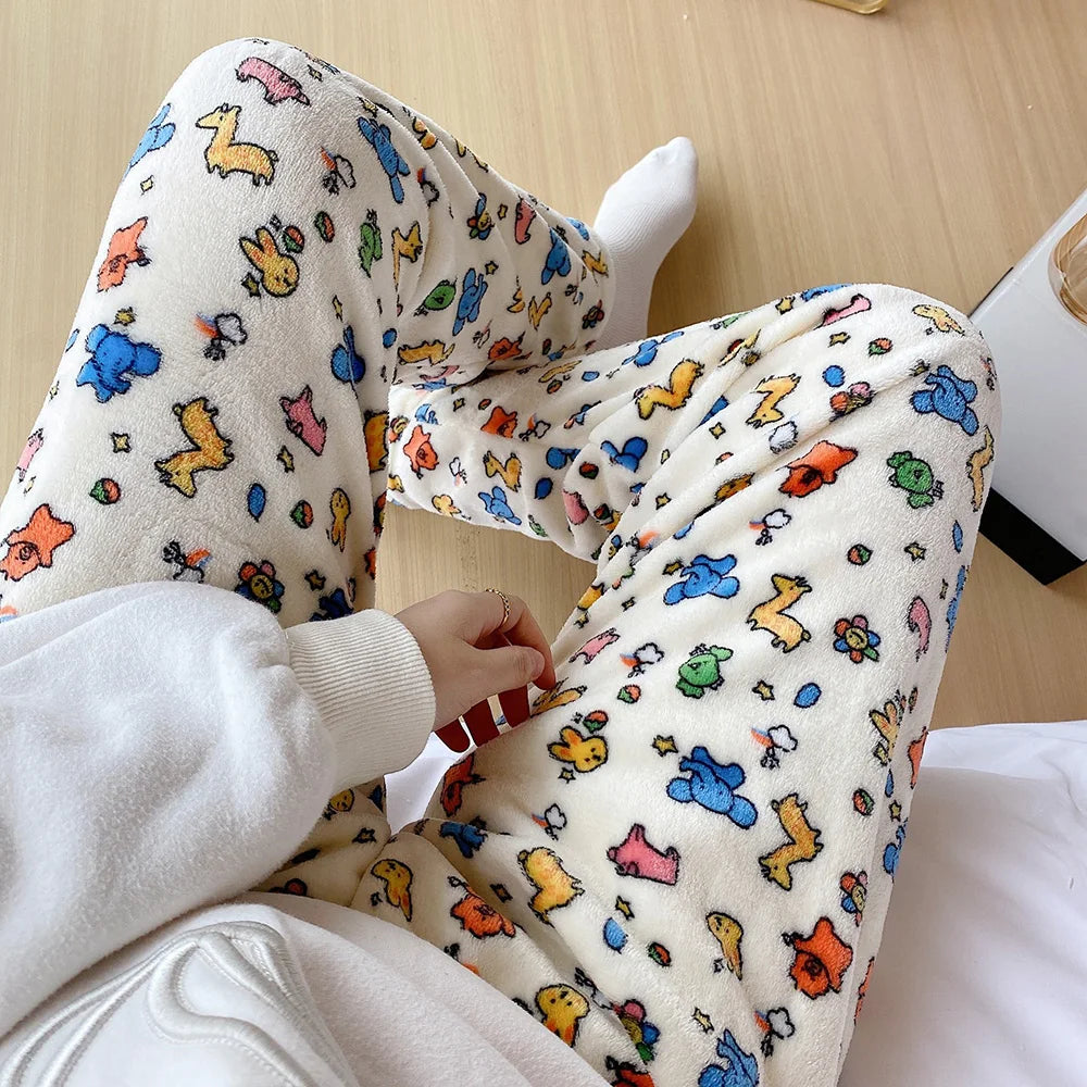 2023 Anime Sanrio Hello Kitty Pajamas Black Flannel Women Kawaii Woolen White Cartoon Casual Home Pants Autumn Fashion Trousers Couture Cozy