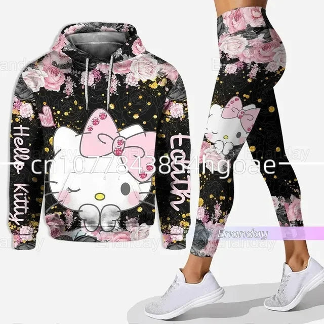 2024 New Hello Kitty 3D Hoodie Women's Hoodie Leggings Suit Stitch Yoga Pants Sweatpants Fashion Sports Suit Disney Yoga Suit Couture Cozy