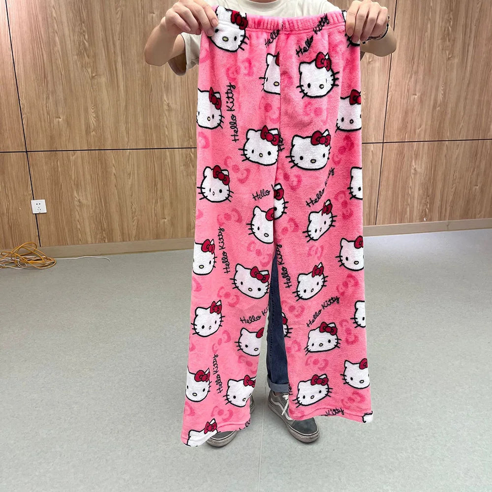 2023 Anime Sanrio Hello Kitty Pajamas Black Flannel Women Kawaii Woolen White Cartoon Casual Home Pants Autumn Fashion Trousers Couture Cozy