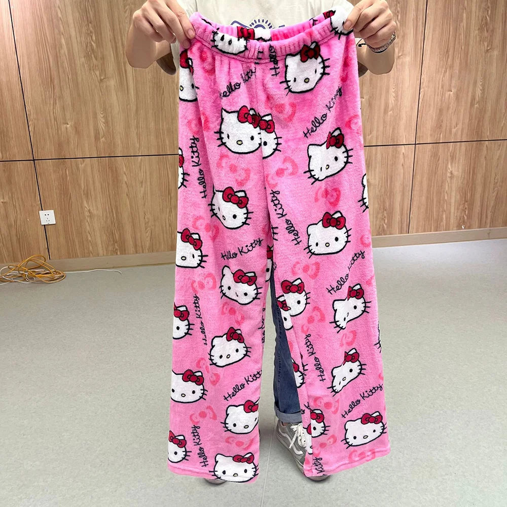 2023 Anime Sanrio Hello Kitty Pajamas Black Flannel Women Kawaii Woolen White Cartoon Casual Home Pants Autumn Fashion Trousers Couture Cozy