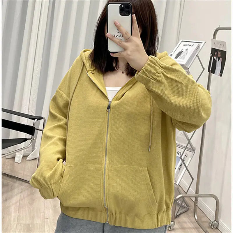 2022 Autumn New Fashion Temperament Korean Plus Size Hoodies Women Loose Casual Waffle Sweatshirt Jacket Solid Elegant Cardigan Couture Cozy