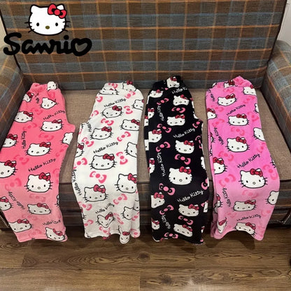 2023 Anime Sanrio Hello Kitty Pajamas Black Flannel Women Kawaii Woolen White Cartoon Casual Home Pants Autumn Fashion Trousers Couture Cozy