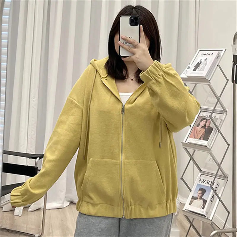 2022 Autumn New Fashion Temperament Korean Plus Size Hoodies Women Loose Casual Waffle Sweatshirt Jacket Solid Elegant Cardigan Couture Cozy