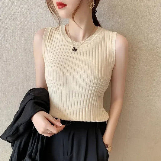 Tank Top Knitting Chic Ribbed Elegant Sleeveless Vests Tube Vintage Slim White Thin Summer Clothes For Women Korean Fashion