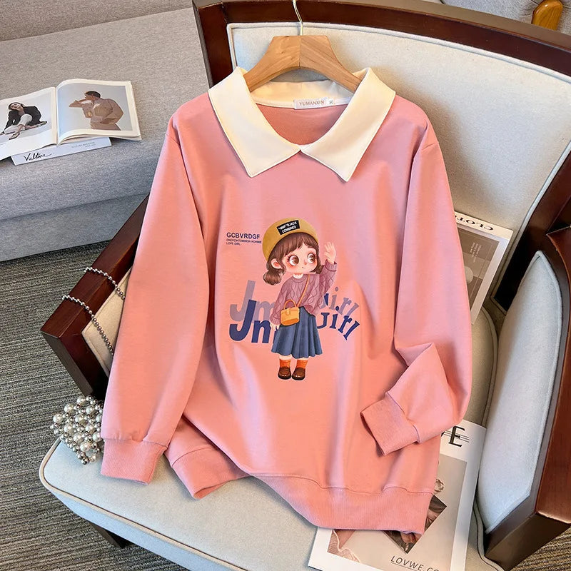 170Kg Plus Size Women's Bust 170 Spring Autumn Loose Lapel Sweatshirt Printed Top Black Pink 5XL 6XL 7XL 8XL 9XL 10XL Couture Cozy