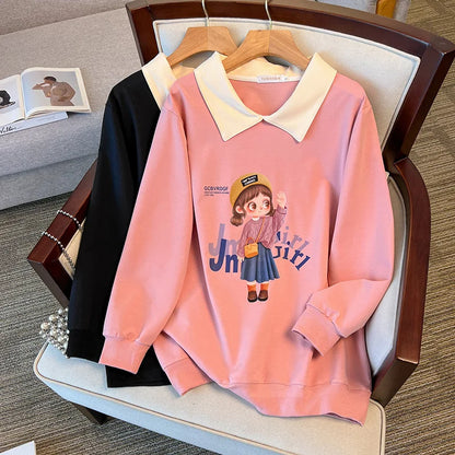 170Kg Plus Size Women's Bust 170 Spring Autumn Loose Lapel Sweatshirt Printed Top Black Pink 5XL 6XL 7XL 8XL 9XL 10XL Couture Cozy