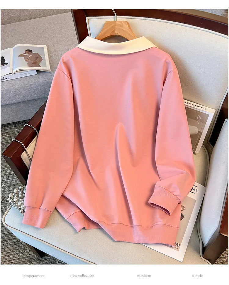 170Kg Plus Size Women's Bust 170 Spring Autumn Loose Lapel Sweatshirt Printed Top Black Pink 5XL 6XL 7XL 8XL 9XL 10XL Couture Cozy